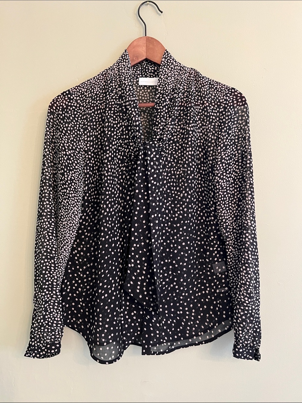 New York & Company Black and White Polka Dot Tie-Neck Blouse
